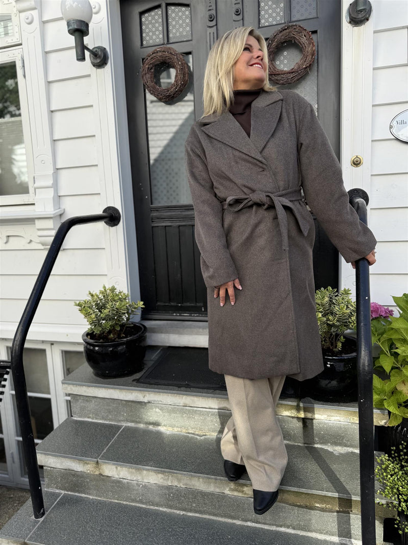 LINSE BELTED COAT Mørkebrunt Melert