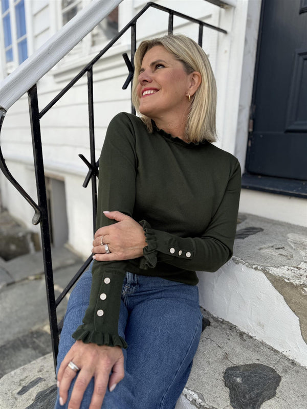 Katie Pullover Frill Flaskegrønn