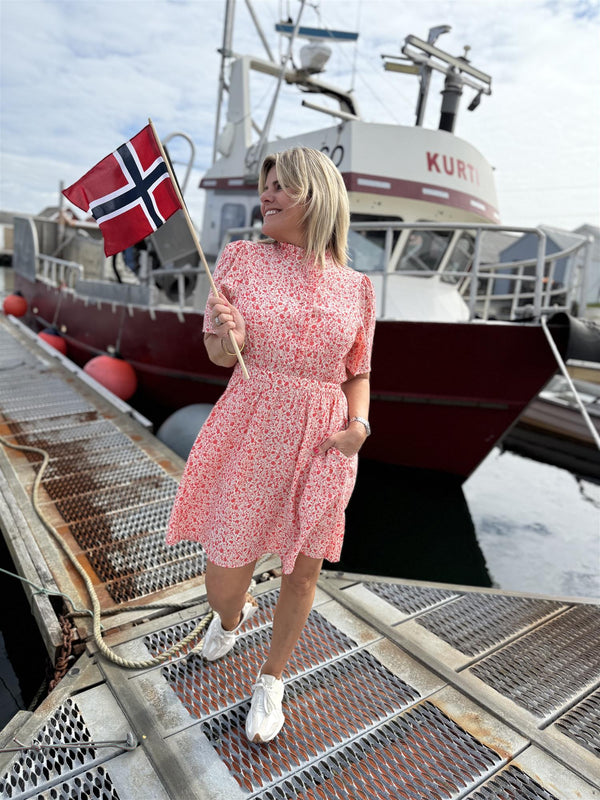 ASTRID DRESS Offwhite Med Rosa/Røde Blomster
