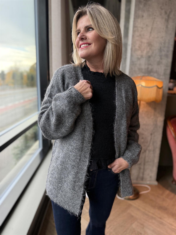 NYNNI OPEN L/S KNIT CARDIGANS Mørk Grå