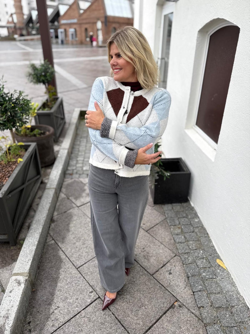 KAYLA O-NECK L/S CHECK KNIT CARDIGAN Offwhite M/Ruter Brun Og Blå