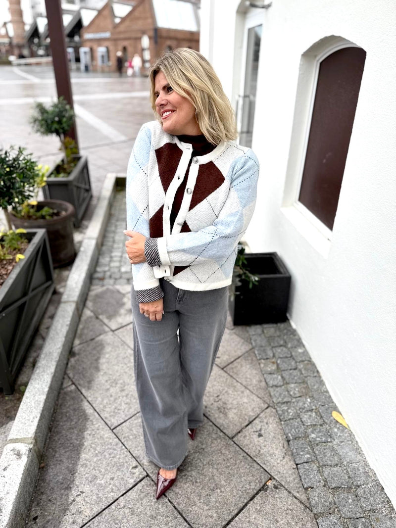 KAYLA O-NECK L/S CHECK KNIT CARDIGAN Offwhite M/Ruter Brun Og Blå