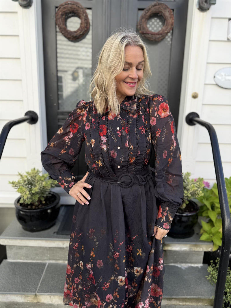 Romantica l/s long dress Sort M. Blomster