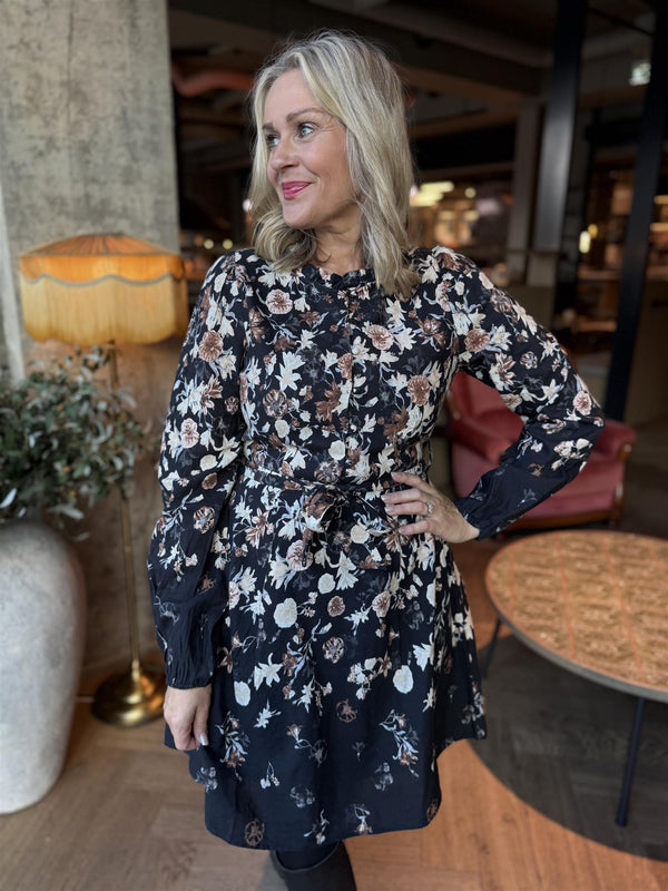 Elma o-neck l/s short dress Sort Med Brun/Offwhite Blomster