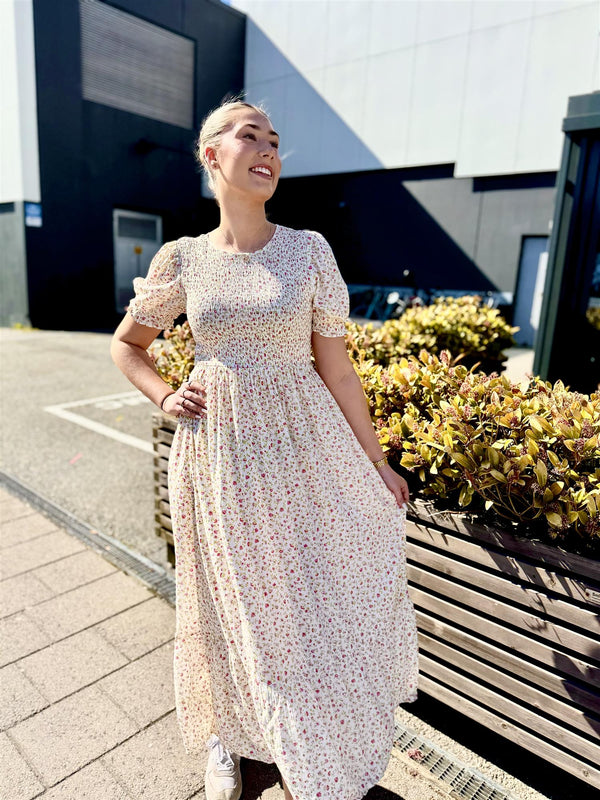 VIGREIS ANCLE DRESS Offwhite Med Rosa Blomster