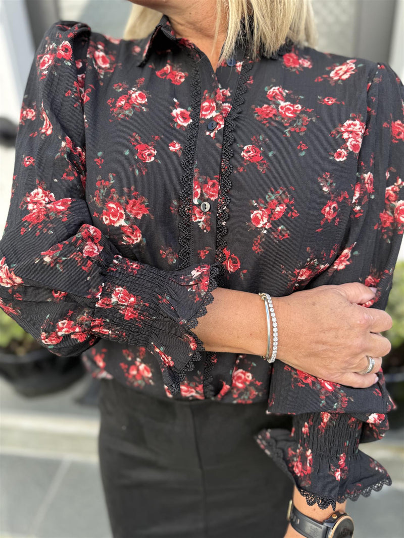 Clo Rose l/s shirt/ln Sort M Blomsterprint