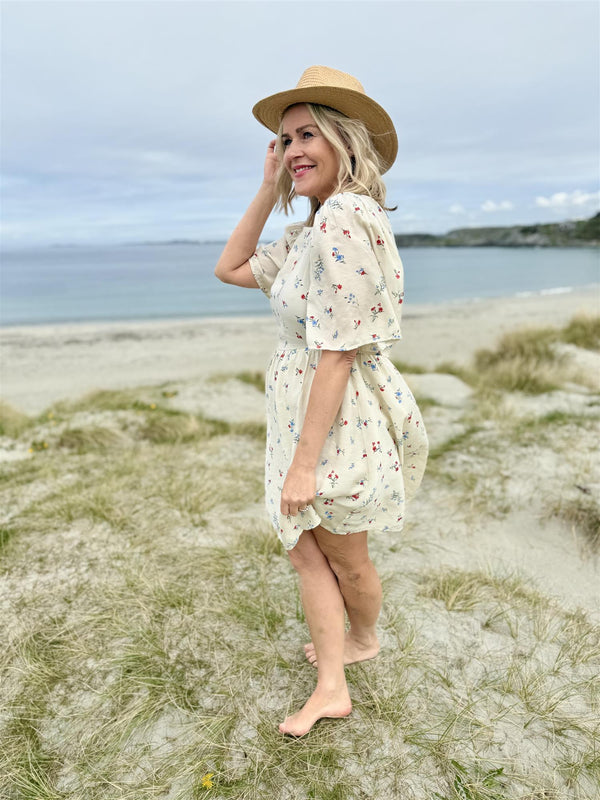 Vihavanne rima o-neck 2/4 dress Beige Med Blomster