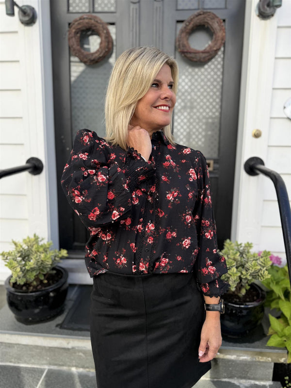 Clo Rose l/s shirt/ln Sort M Blomsterprint