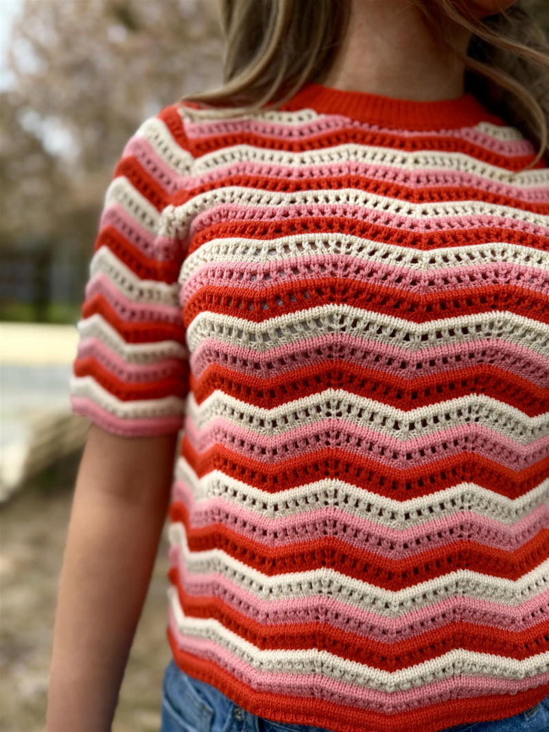 TRIO KNIT PULLOVER Offwhite/Rosa/Rødt