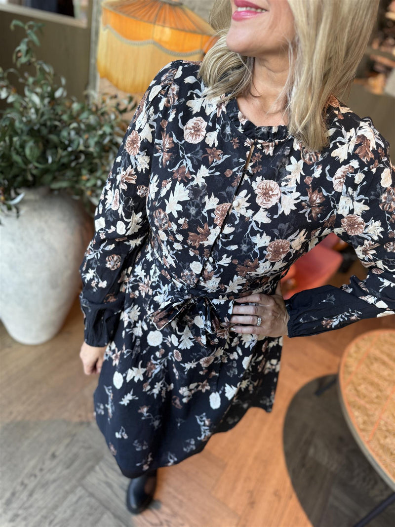 Elma o-neck l/s short dress Sort Med Brun/Offwhite Blomster
