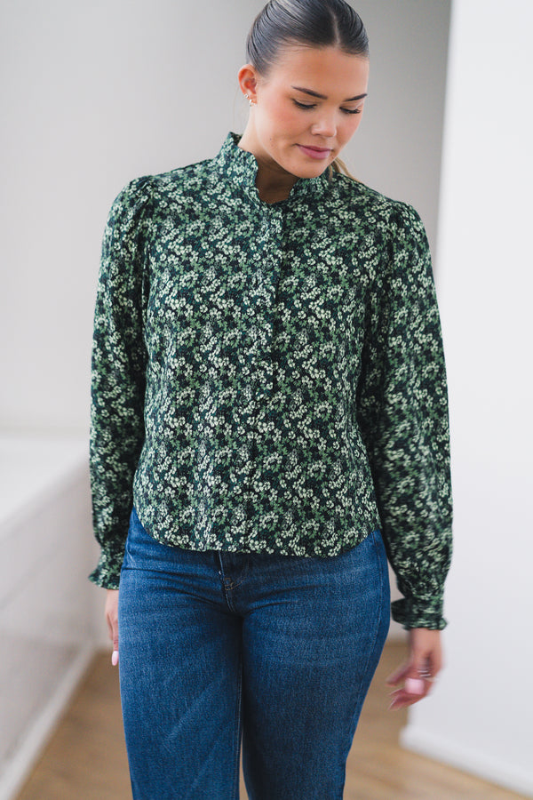 ASTRID SHIRT Sort Med Grønne Blomster