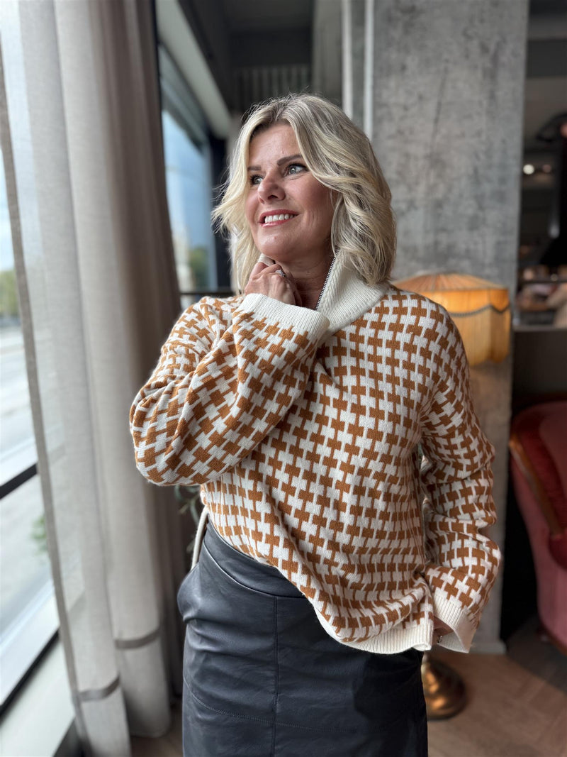 Amaria Zip Pullover Beige Mønstret