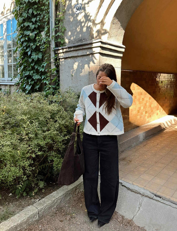 KAYLA O-NECK L/S CHECK KNIT CARDIGAN Offwhite M/Ruter Brun Og Blå
