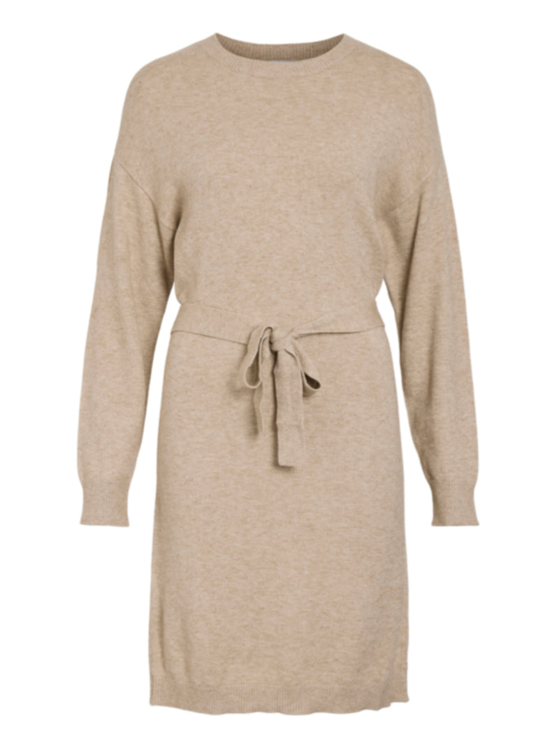 Viril O-neck Belt Knit Dress Beige