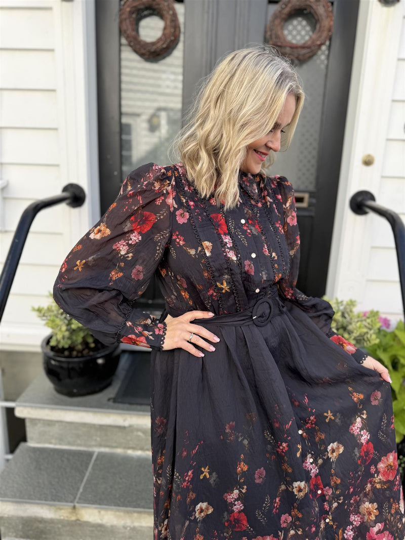 Romantica l/s long dress Sort M. Blomster