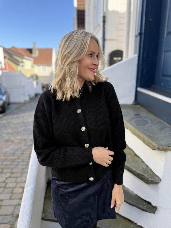 Alva o-neck l/s knit cardigan Sort