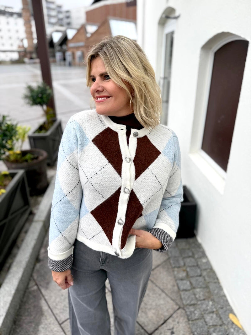 KAYLA O-NECK L/S CHECK KNIT CARDIGAN Offwhite M/Ruter Brun Og Blå