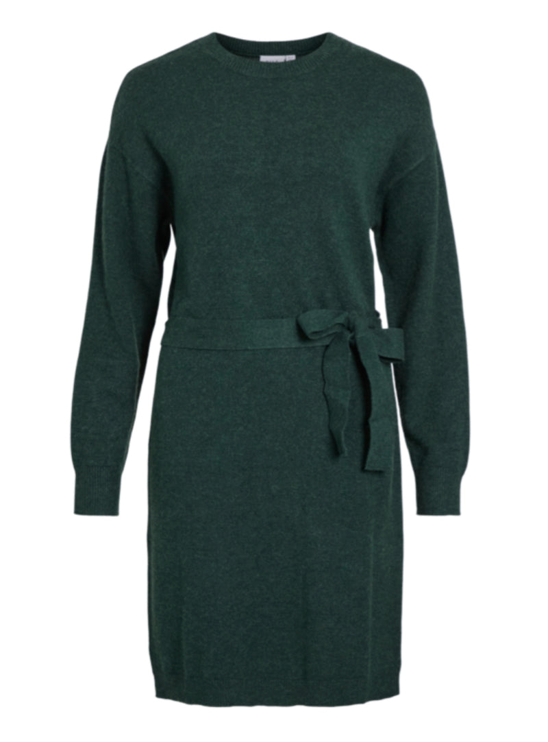 Viril O-neck Belt Knit Dress Flaskegrønn