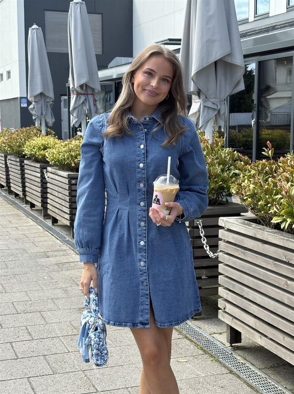 Visol L/S pleat denim dress Medium Jeansblå