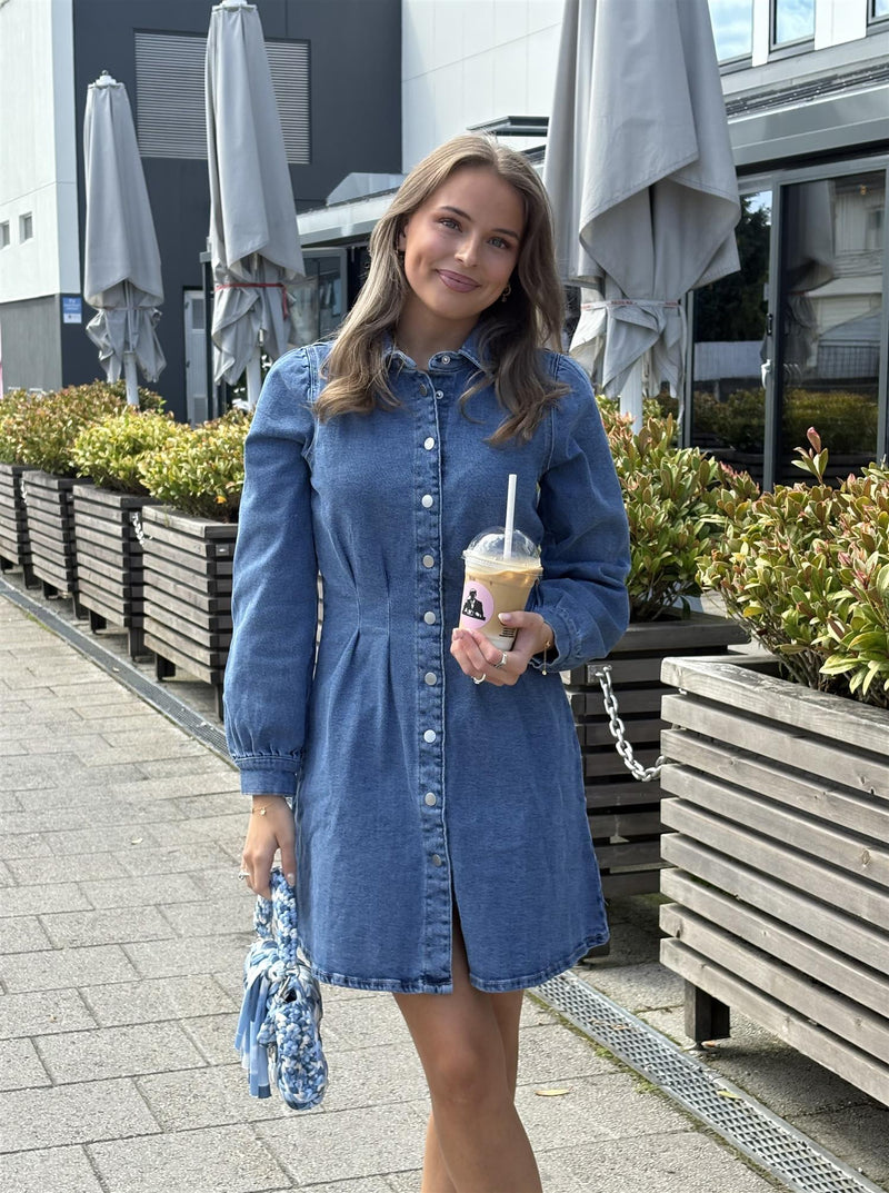 Visol L/S pleat denim dress Medium Jeansblå