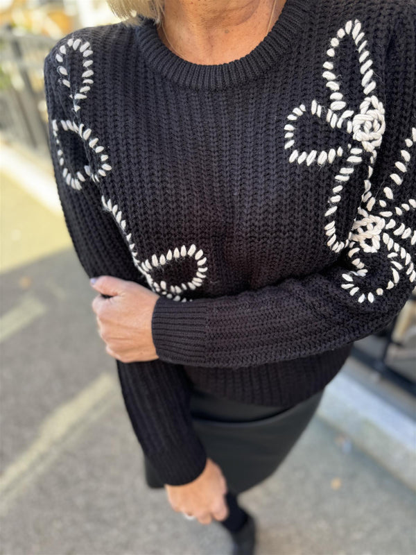 Cox-pullover Svart Med Lyse Blomster