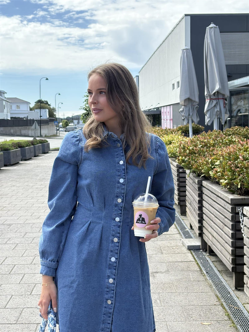 Visol L/S pleat denim dress Medium Jeansblå