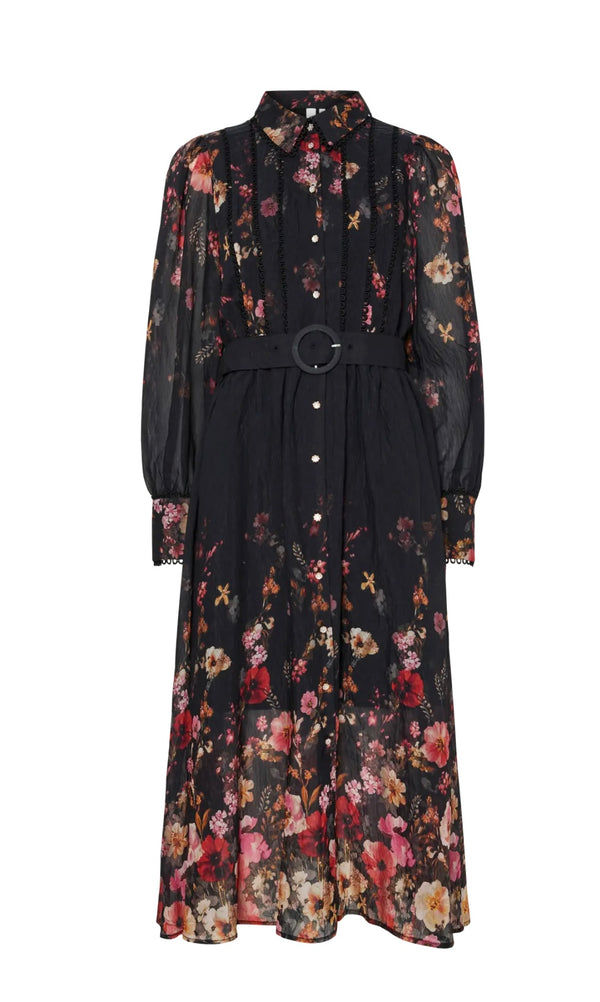 Romantica l/s long dress Sort M. Blomster