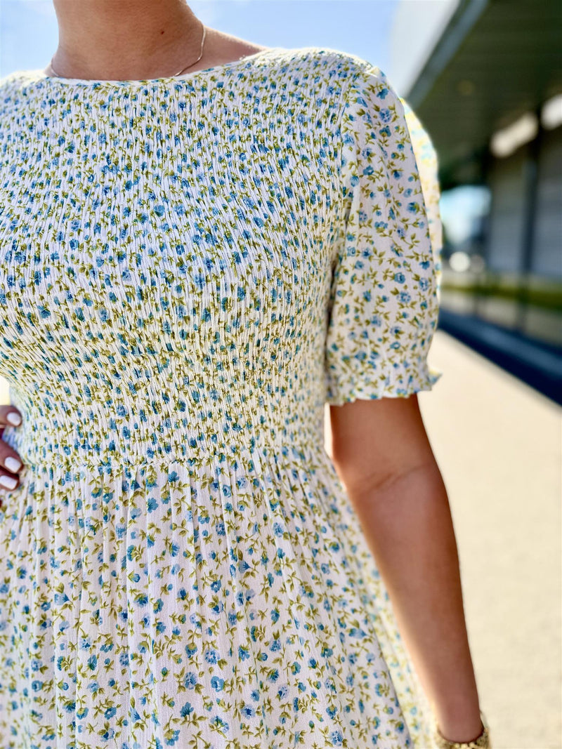 VIGREIS ANCLE DRESS Offwhite Med Blå Blomster