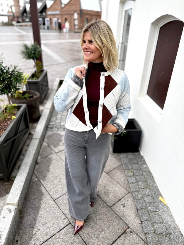 KAYLA O-NECK L/S CHECK KNIT CARDIGAN Offwhite M/Ruter Brun Og Blå