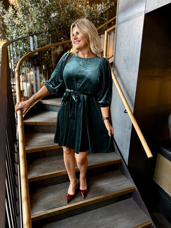 Emily O-Neck Short Dress Flaskegrønn