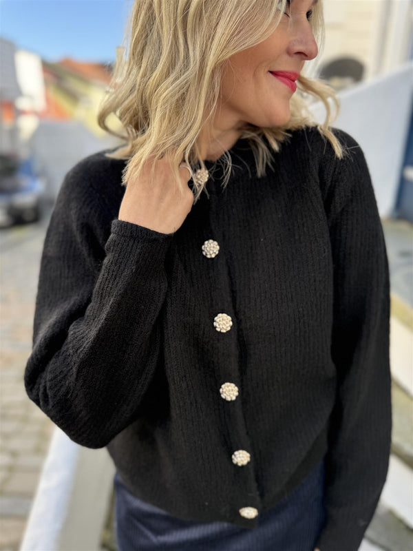 Alva o-neck l/s knit cardigan Sort